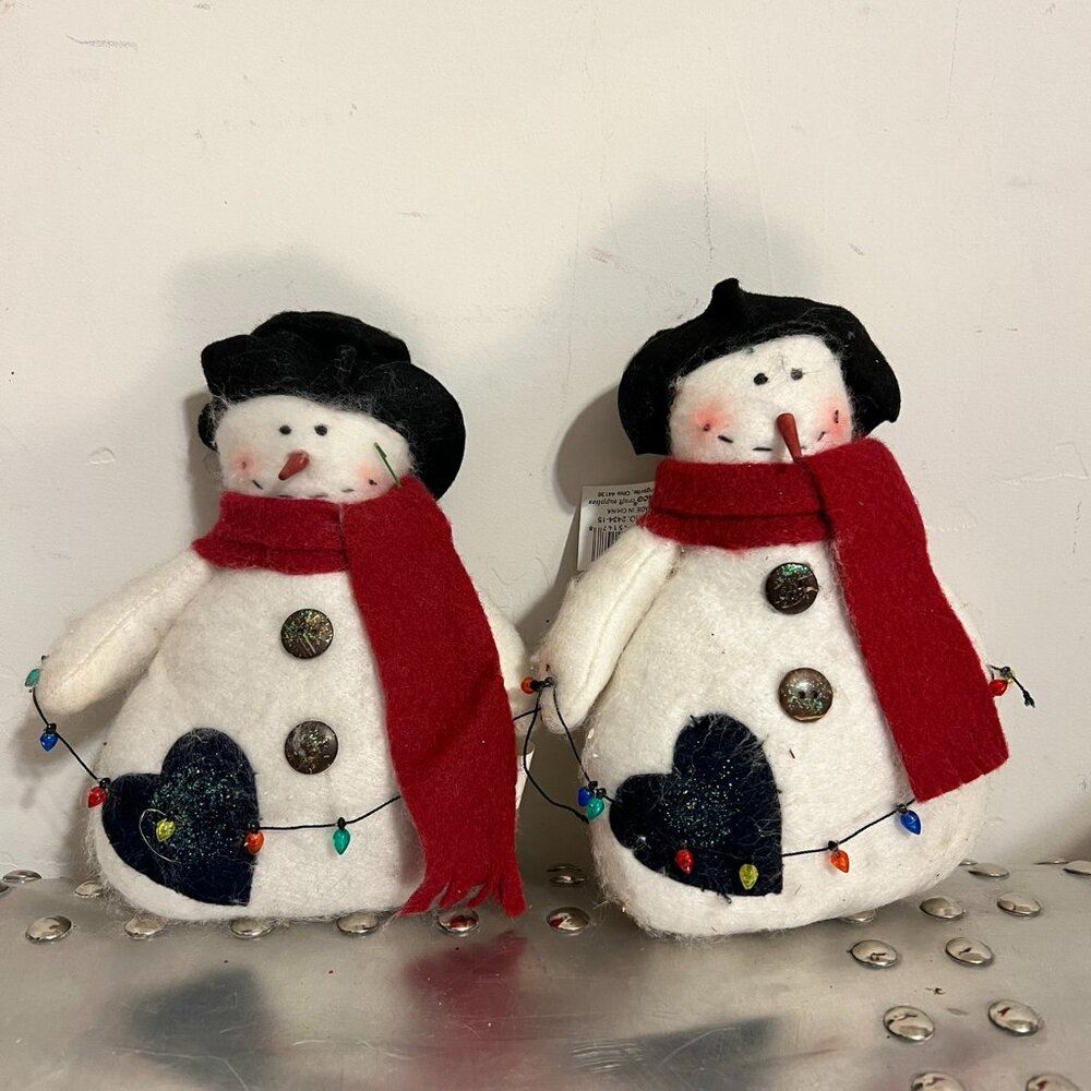 Set of 2 Plush Snowman Snowmen With Scarves, Hatas, String Lights, and Heart